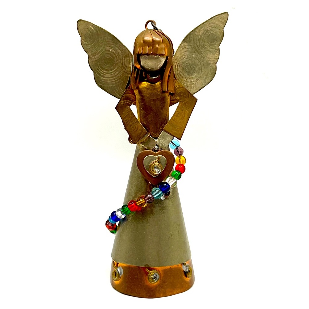 Handmade Christmas Angel Ornament Metal Scraps Figurine Colorful Beads Heart 5"